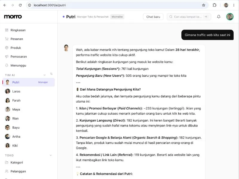 Morro merchant dashboard — sales overview with AI chat interface